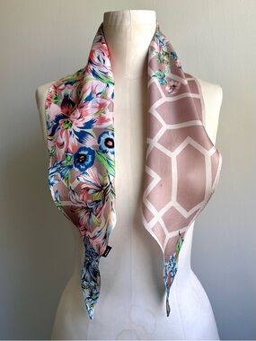 Silk Echo Diamond Shape Scarf - Tan and Cream with Flowers, Green Blue Pink
